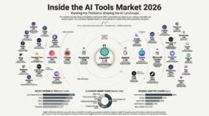 Market map infographic titled 'Inside the AI Tools Market 2026' ranking dominant artificial intelligence platforms by monthly visits, highlighted by a core concentric ring showing ChatGPT at 2.1B visits and Gemini at 1.5B, accompanied by YoY growth and market share charts.