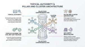 Topical authority and pillar and cluster architecture infographic illustrating a central comprehensive pillar hub connected to supporting subtopic cluster pages.