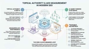 Topical authority and AEO measurement infographic illustrating how a centralized content hub powers AI query fanning and retrieval, while tracking zero-click exposure and citation performance metrics.