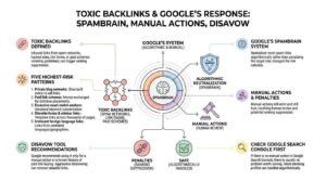 oxic backlinks and Google's response infographic illustrating SpamBrain algorithmic neutralization, manual action penalties, five high-risk link patterns, and disavow tool recommendations.