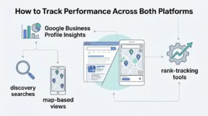Infographic titled How to Track Performance Across Both Platforms illustrating Google Business Profile Insights evaluating discovery searches and map-based views alongside rank-tracking tools, connecting to both a web search results card and a mobile map navigation interface.
