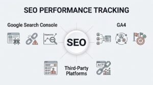 Infographic titled SEO PERFORMANCE TRACKING categorizing measurement tools and data sources across Google Search Console, GA4, and Third-Party Platforms around a central SEO hub.