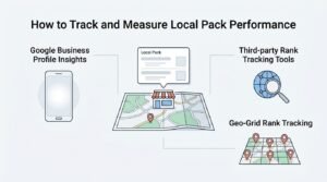Infographic titled How to Track and Measure Local Pack Performance showing a central unfolded map with a storefront and a Local Pack listing card, connected to Google Business Profile Insights on a smartphone, Third-party Rank Tracking Tools with a globe and magnifying glass, and Geo-Grid Rank Tracking on a multi-pin coordinate grid.