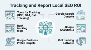 Infographic titled Tracking and Report Local SEO ROI illustrating core analytics and attribution tools—Google Search Console, Google Analytics 4, Call tracking software, Google Business Profile Insights, and Rank tracking tools—surrounding a central Local ROI gear and map network hub.