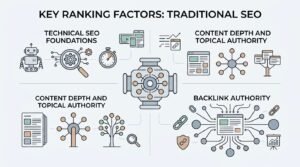 Infographic titled KEY RANKING FACTORS: TRADITIONAL SEO breaking down technical SEO foundations, content depth and topical authority, and backlink authority surrounding a central multi-port algorithm hub.
