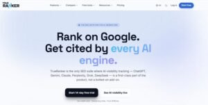 TrueRanker homepage hero section titled 'Rank on Google. Get cited by every AI engine.' with call-to-action buttons for starting a 14-day free trial and viewing live AI visibility.
