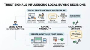 Infographic titled TRUST SIGNALS INFLUENCING LOCAL BUYING DECISIONS showing a Local Buyer Before Committing judging credibility through Social Proof & Word of Mouth Online and Website Quality As a Trust Signal to reach a Local Buying Decision where trust signals outweigh price.