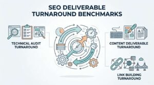 Infographic titled SEO Deliverable Turnaround Benchmarks outlining delivery timelines and operational cycles for technical audits, content deliverables, and link building.