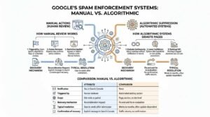Google's spam enforcement systems infographic comparing manual actions by human reviewers against automated algorithmic suppression, outlining workflows, recovery mechanisms, and key differences.