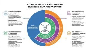 Citation source categories and business data propagation infographic displaying a 4-tier model: data aggregators, major platforms, industry-specific directories, and geo-specific community sources.