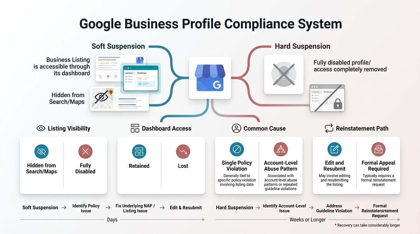 Infographic explaining Google Business Profile suspension types, comparing soft and hard suspensions by listing visibility, dashboard access, common causes, and reinstatement steps.
