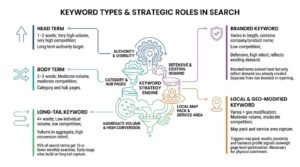 Keyword types and strategic roles in search infographic showing a central 'Keyword Strategy Engine' with gears and funnels, defining five search categories: head terms, body terms, long-tail keywords, branded keywords, and local geo-modified queries.