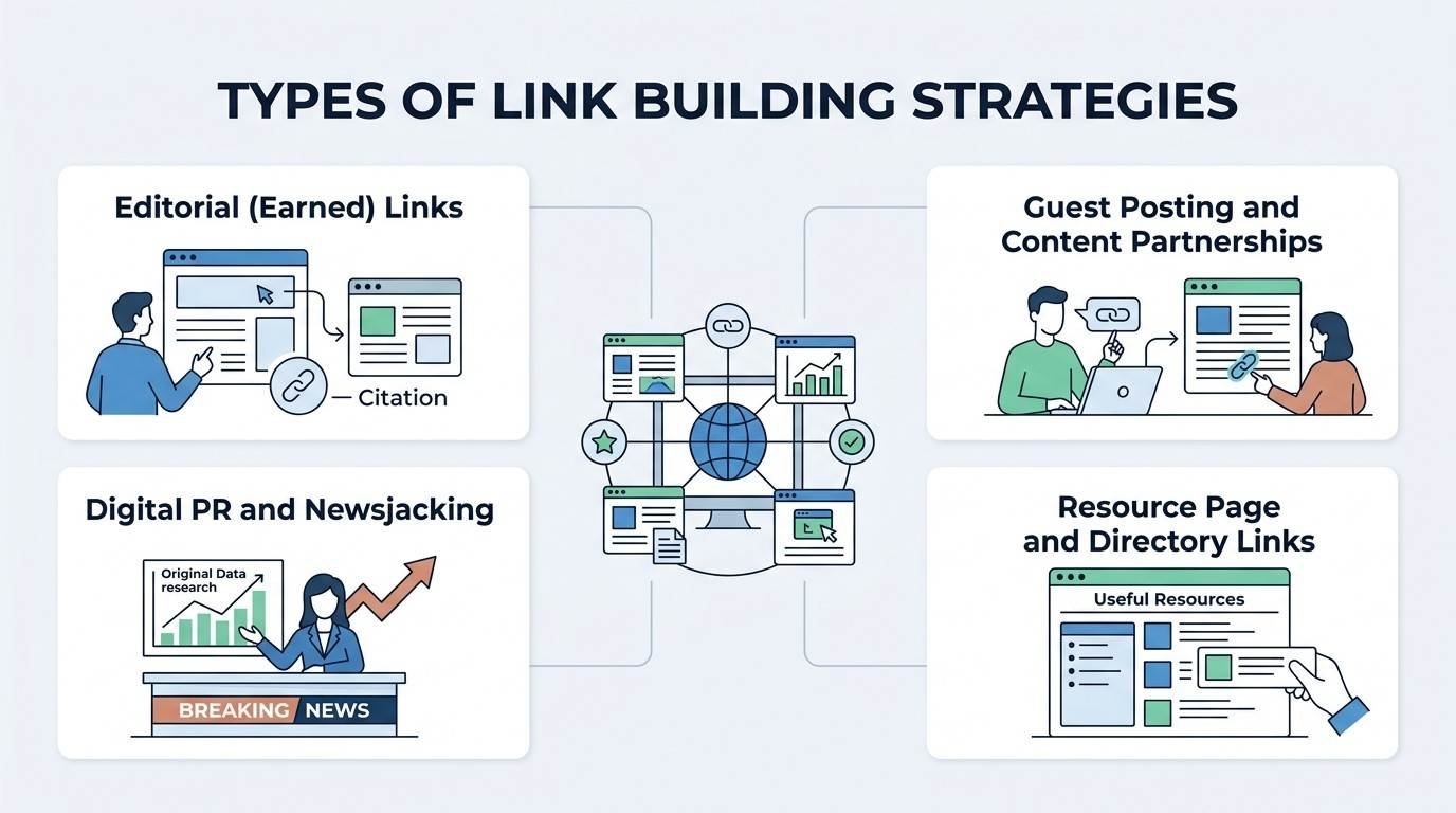 Infographic showing four types of link building strategies: editorial earned links, guest posting and content partnerships, digital PR and newsjacking, and resource page and directory links.