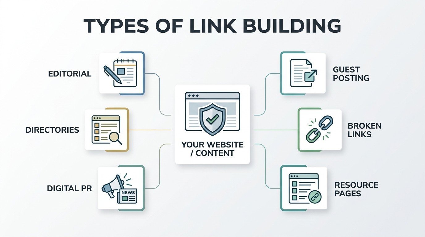 Infographic showing six types of link building—editorial links, directories, digital PR, guest posting, broken-link building, and resource pages—connected to a central website or content asset.