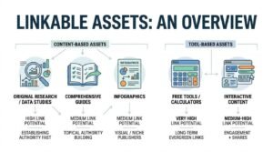Infographic titled LINKABLE ASSETS: AN OVERVIEW comparing Content-Based Assets (Original Research / Data Studies, Comprehensive Guides, Infographics) with Tool-Based Assets (Free Tools / Calculators, Interactive Content), evaluating each by link potential and primary strategic benefit.