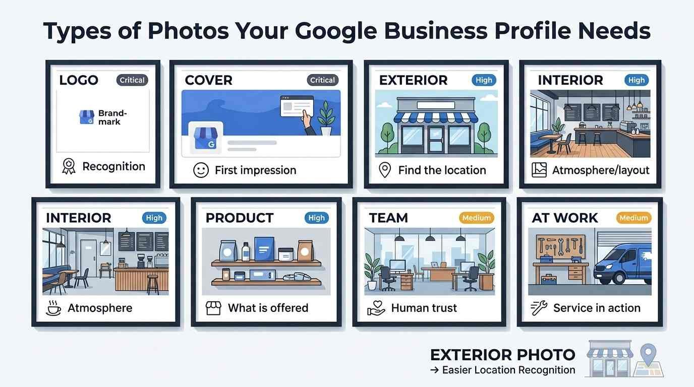 Infographic showing the types of photos a Google Business Profile needs, including logo, cover, exterior, interior, product, team, and at-work photos, with their purposes for business recognition, location, atmosphere, products, trust, and services.