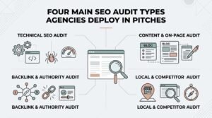 Infographic titled Four Main SEO Audit Types Agencies Deploy in Pitches detailing technical SEO audits, content and on-page audits, backlink and authority audits, and local and competitor audits.