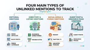 Infographic titled FOUR MAIN TYPES OF UNLINKED MENTIONS TO TRACK outlining four distinct mention channels: Editorial Mentions (News Articles, Blog Posts, Press Coverage), Directory & Listing Mentions (Business Directories, Review Sites), Social Media & Forum Mentions (Reddit, Twitter / X, Industry Forums), and Guest Post & Resource Page Mentions (Guest Posts, Resource Pages).