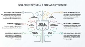 SEO-friendly URLs and site architecture infographic illustrating a central URL interface with branching pathways covering URL definitions, clean URL rules, silo structures, click depth, migration risks, and URL string comparisons.