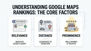 Infographic titled UNDERSTANDING GOOGLE MAPS RANKINGS: THE CORE FACTORS detailing three sequential algorithmic pillars: Relevance (matches search query, shown with a pizza near me search and verified profile card), Distance (closeness to searcher, shown with a car driving 0.5 miles along a map route), and Prominence (well-known & trusted, shown with a storefront under five stars, a trophy, and a thumbs-up gesture) routing back to the main title.