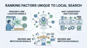 Infographic titled RANKING FACTORS UNIQUE TO LOCAL SEARCH illustrating Proximity and Location Signals, NAP Consistency and Citations, and Reviews and Reputation Signals around a central map pin broadcasting across a multi-node local network.