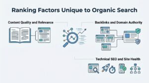 Infographic titled Ranking Factors Unique to Organic Search displaying Content Quality and Relevance, Backlinks and Domain Authority, and Technical SEO and Site Health around a central magnifying glass inspecting a multi-node growth graph.