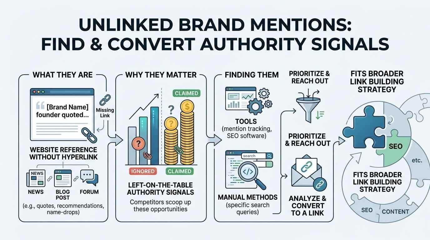 Infographic titled UNLINKED BRAND MENTIONS: FIND & CONVERT AUTHORITY SIGNALS illustrating a multi-step framework: What They Are (website references without hyperlinks across news, blog posts, forums), Why They Matter (left-on-the-table authority signals comparing ignored vs. claimed opportunities), Finding Them (tools and manual methods), Prioritize & Reach Out (filtering prospects, analyzing, and converting mentions into links), and How It Fits a Broader Link Building Strategy integrated with SEO and content.