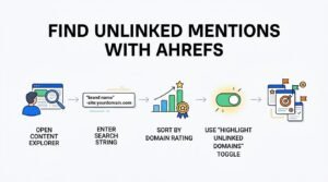 Infographic titled FIND UNLINKED MENTIONS WITH AHREFS illustrating a five-stage horizontal workflow: 1. Open Content Explorer (user viewing browser interface with magnifying glass), 2. Enter Search String (entering 'brand name' -site:yourdomain.com), 3. Sort by Domain Rating (ascending bar chart with star award medal), 4. Use 'Highlight Unlinked Domains' Toggle (illuminated green toggle switch), and 5. Target List output showing evaluated websites with flags and bullseye targets.