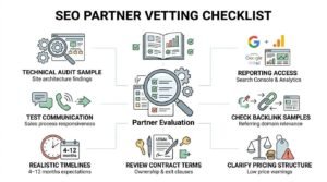Infographic titled SEO Partner Vetting Checklist outlining key criteria like technical audit samples, reporting access, contract terms, and realistic timelines for agency evaluation.