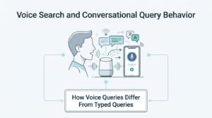 Infographic titled Voice Search and Conversational Query Behavior showing a person speaking toward a smart speaker and a smartphone with a microphone interface, connected to chat bubbles, translation badges, and audio waveforms, labeled How Voice Queries Differ From Typed Queries.