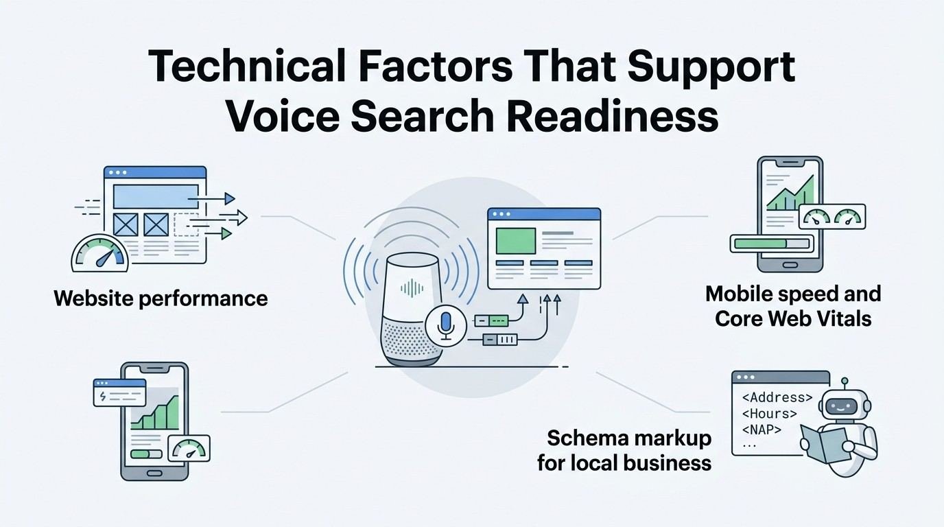 Infographic illustrating technical factors that support voice search readiness, including website performance, mobile speed and Core Web Vitals, and local business schema markup.