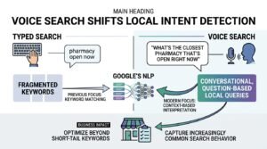 Infographic titled MAIN HEADING VOICE SEARCH SHIFTS LOCAL INTENT DETECTION contrasting Typed Search using fragmented keywords with Voice Search using conversational queries, channeled through Google's NLP neural network to illustrate modern local business impact.