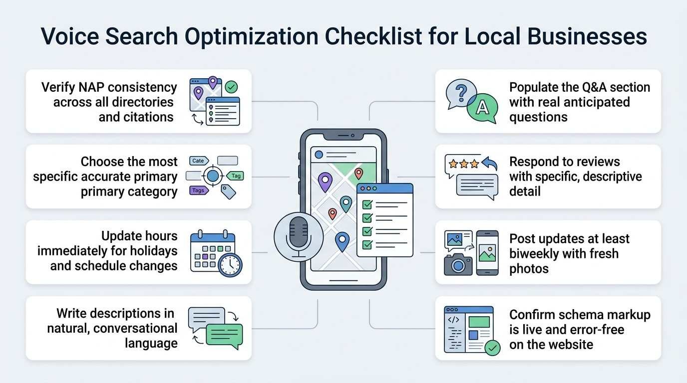 Infographic showing a voice search optimization checklist for local businesses, covering NAP consistency, primary category selection, updated business hours, conversational descriptions, Q&A, review responses, fresh photos, and error-free schema markup.