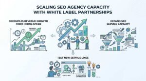 Infographic titled Scaling SEO Agency Capacity with White Label Partnerships illustrating how partnerships decouple revenue growth from hiring speed, expand service capacity, and allow testing of new service lines.