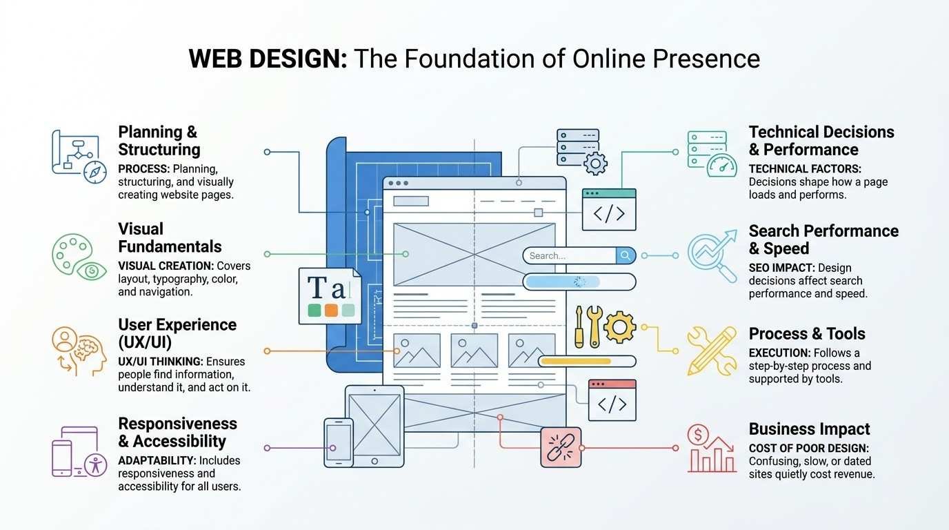 Web design as the foundation of online presence infographic illustrating website wireframing across desktop, tablet, and mobile devices, connecting UX/UI fundamentals, technical performance, SEO impact, and business revenue