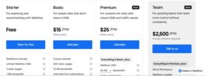 Webflow site subscription comparison grid displaying Starter (Free), Basic ($15/mo), Premium ($25/mo), and Team ($2,500/mo) tiers with plan inclusions.