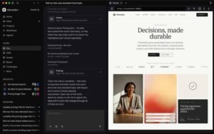 Webflow dark mode development interface displaying an AI assistant conversation alongside a live browser preview of a responsive website page.