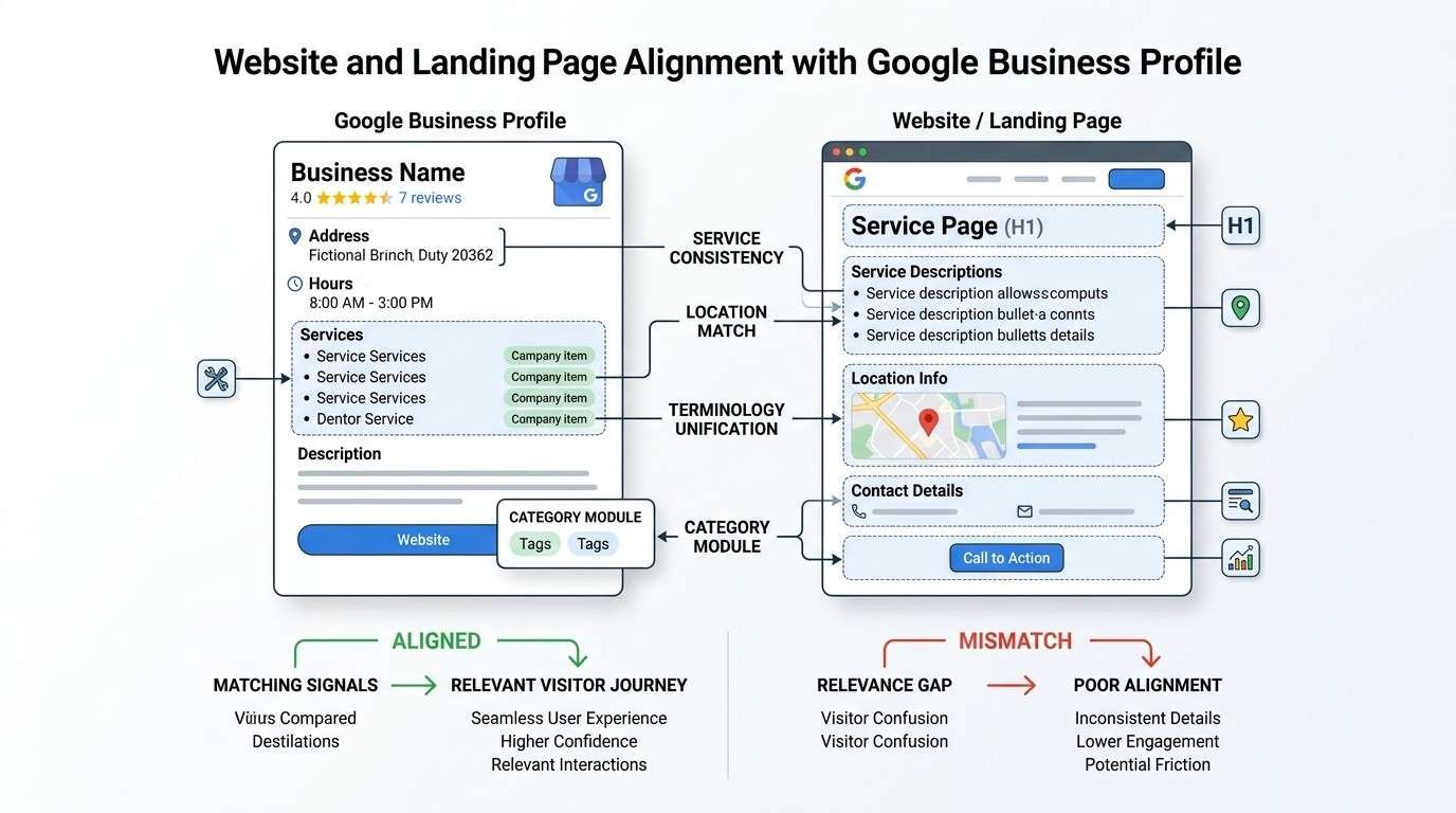 Infographic showing how a website or landing page should align with a Google Business Profile through consistent services, location details, terminology, categories, and contact information.