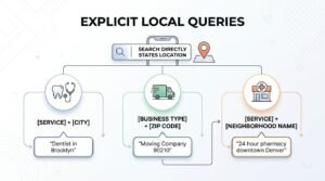 Infographic titled EXPLICIT LOCAL QUERIES showing a search bar where search directly states location, branching into three query structures: [SERVICE] + [CITY] with 'Dentist in Brooklyn', [BUSINESS TYPE] + [ZIP CODE] with 'Moving Company 90210', and [SERVICE] + [NEIGHBORHOOD NAME] with '24 hour pharmacy downtown Denver'.