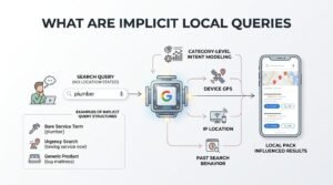 Infographic titled WHAT ARE IMPLICIT LOCAL QUERIES showing a user typing a query with no location stated, such as 'plumber', routing through a central Google processing chip that synthesizes Category-Level Intent Modeling, Device GPS, IP Location, and Past Search Behavior to deliver Local Pack Influenced Results on a smartphone interface.