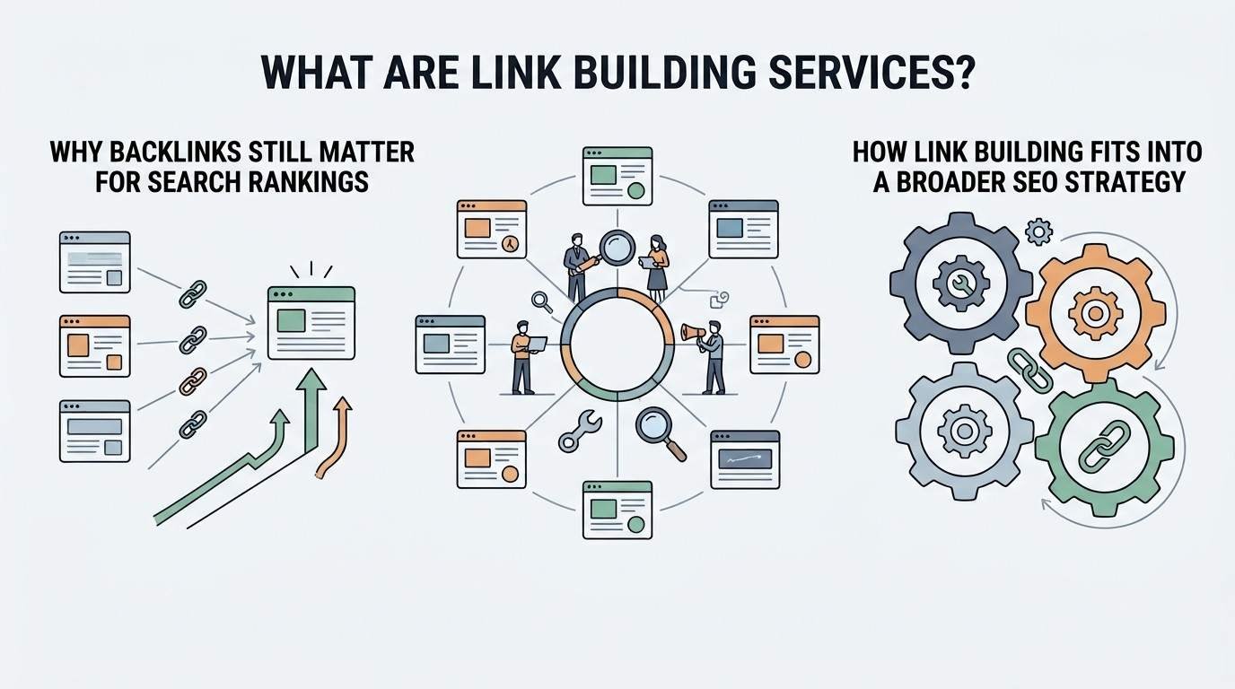 Infographic explaining link building services, showing how backlinks can support search rankings and how link building fits within a broader SEO strategy.