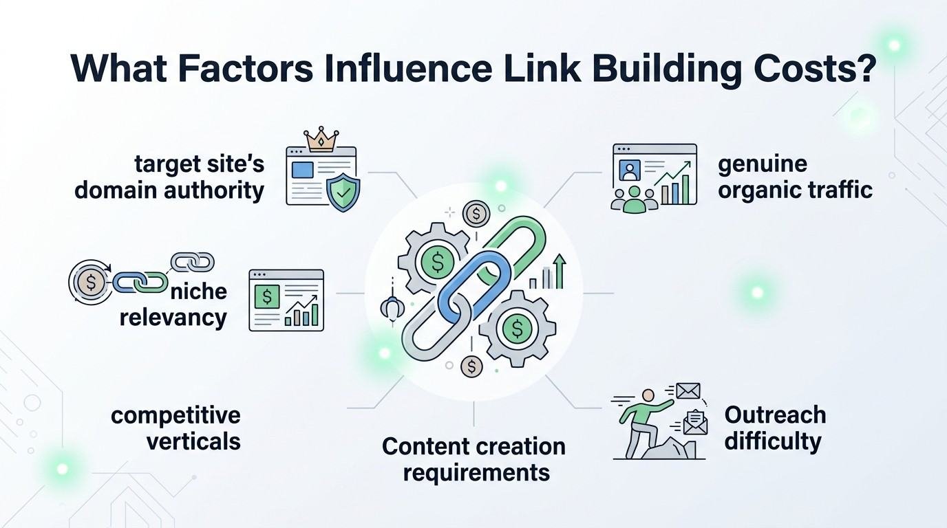 Infographic showing the main factors that influence link building costs, including target site authority, genuine organic traffic, niche relevance, competitive industries, content creation requirements, and outreach difficulty.