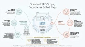 Infographic illustrating standard SEO scope, boundaries, and red flags, contrasting core services with common exclusions like web development and paid search alongside agency warning signs.
