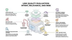 Link quality evaluation infographic illustrating a multi-stage filtering machine that vets backlinks based on editorial intent, organic traffic authority, topical relevance, and toxic risk flags.