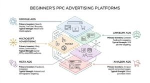 Beginner's PPC advertising platforms infographic illustrating a central isometric stack of ad networks, detailing inventory channels and core strengths for Google Ads, Microsoft Advertising, Meta Ads, LinkedIn Ads, and Amazon Ads.