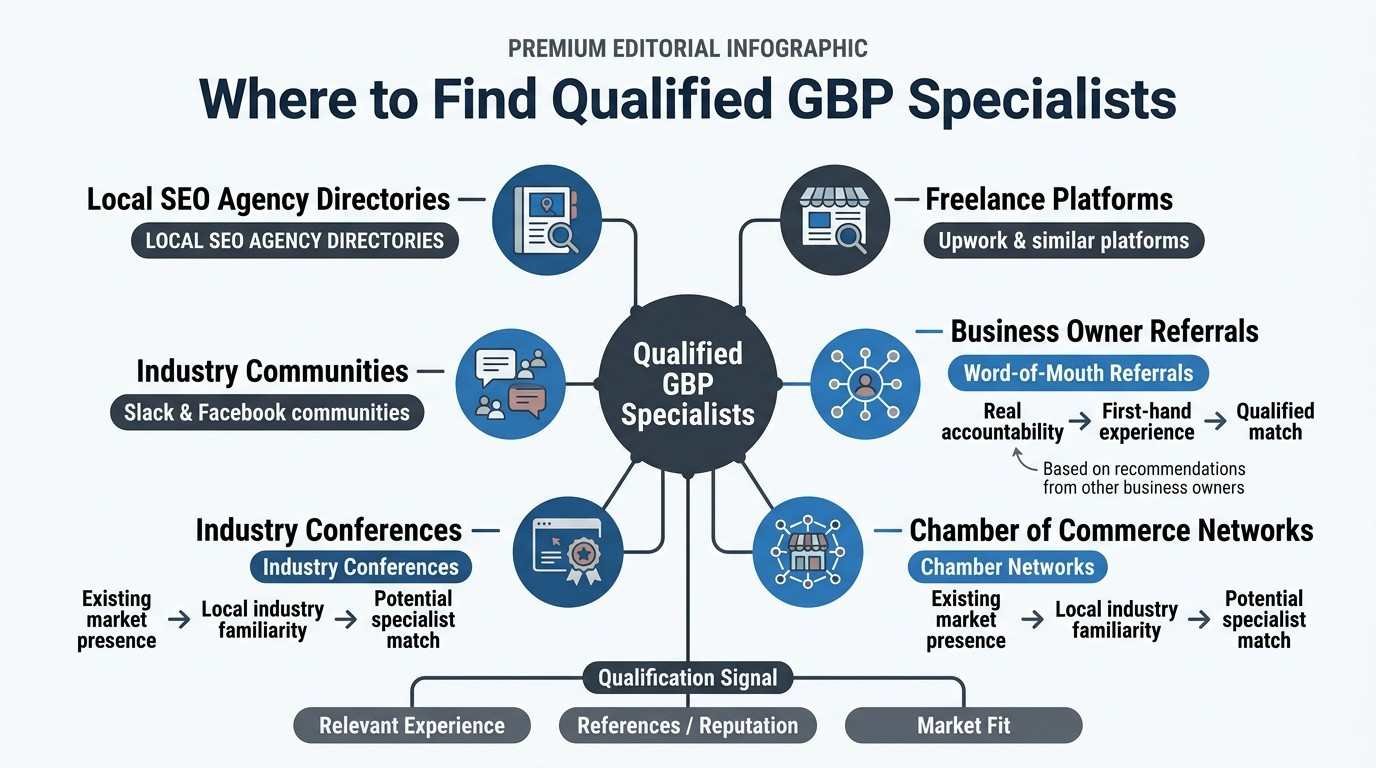 Infographic showing where to find qualified Google Business Profile specialists, including local SEO agency directories, freelance platforms, industry communities, business owner referrals, industry conferences, and chamber of commerce networks.