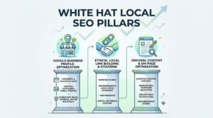 Infographic titled WHITE HAT LOCAL SEO PILLARS showing three classical pillars: Google Business Profile Optimization (complete & accurate data, verified categories & real photos, consistent NAP data), Ethical Local Link Building & Citations (earn backlinks, sponsorships & local news coverage, partnerships, useful reference content), and Original Content & On-Page Optimization (location-specific content, answer real customer questions, service area pages & FAQs, neighborhood guides) set against upward growth arrows.