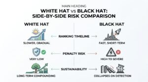 Infographic titled MAIN HEADING WHITE HAT VS BLACK HAT: SIDE-BY-SIDE RISK COMPARISON contrasting White Hat and Black Hat approaches across three criteria: Ranking Timeline (slower, gradual vs fast, short-term), Penalty Risk (very low with a shield vs high to severe with a warning icon), and Sustainability (long-term compounding with a growing tree and coins vs collapses on detection with falling dominoes and crumbling pillars).