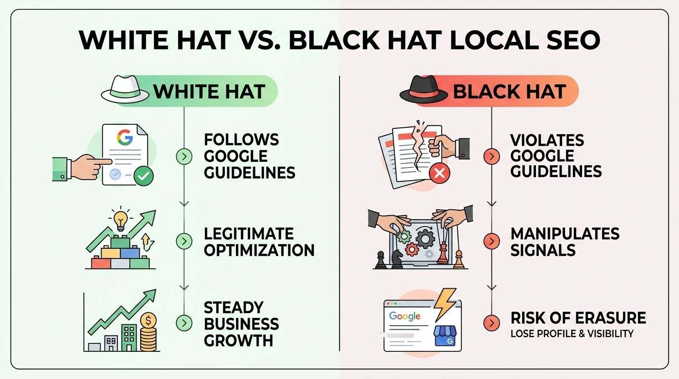 Infographic titled WHITE HAT VS. BLACK HAT LOCAL SEO comparing White Hat practices (Follows Google Guidelines, Legitimate Optimization, Steady Business Growth) with Black Hat practices (Violates Google Guidelines, Manipulates Signals, Risk of Erasure - Lose Profile & Visibility).