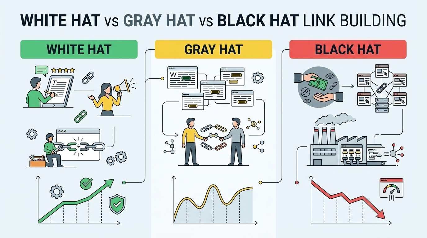 Infographic comparing white-hat, gray-hat, and black-hat link-building approaches, illustrating their different tactics and contrasting SEO risk and performance patterns.